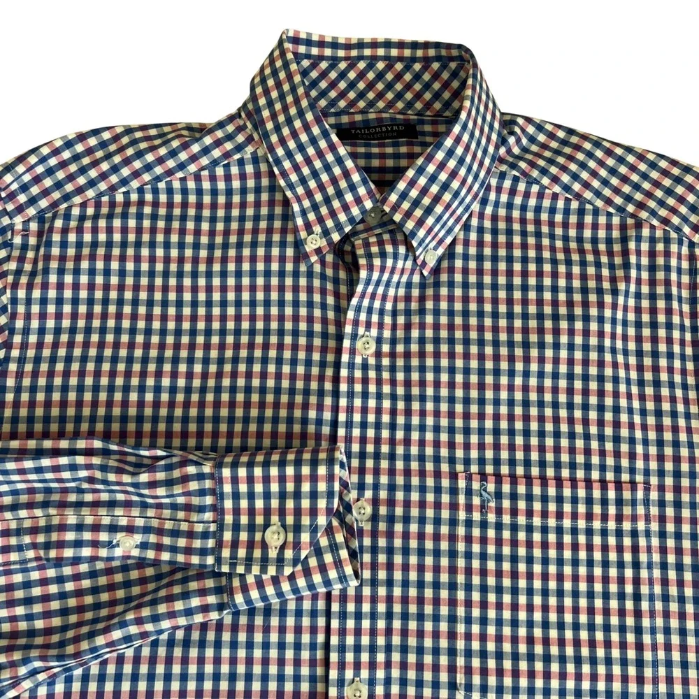 TailorByrd Button Down‎ Shirt Flamingo Logo L Navy Pink Gingham Check